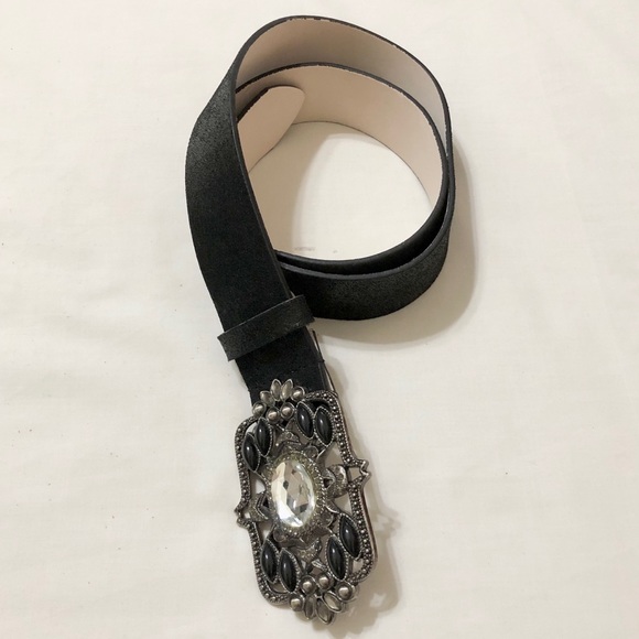 Express Women’s Black Faux Leather Belt, Fancy Rectangle Buckle with Crystals- M - Picture 6 of 17